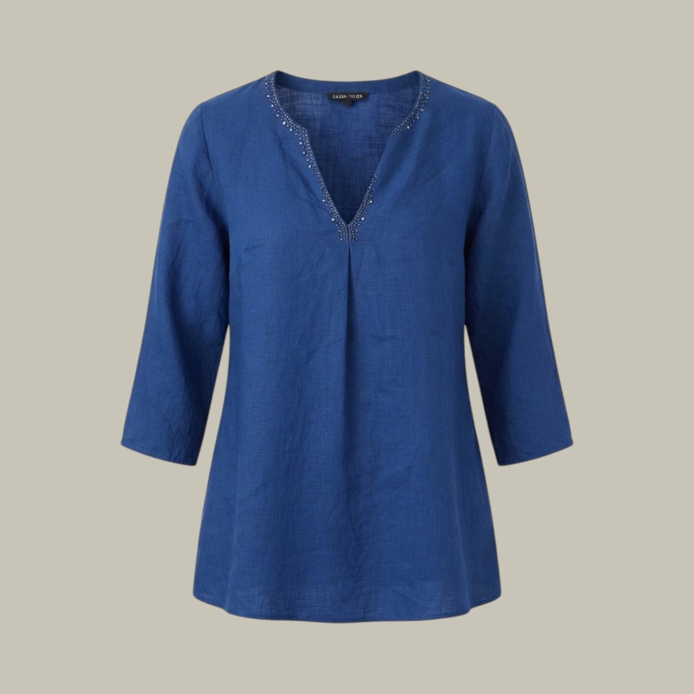 Eileen Fisher Woman 1X Blue Irish Linen Sequin V-Neck Tunic Top 3/4 Sleeve